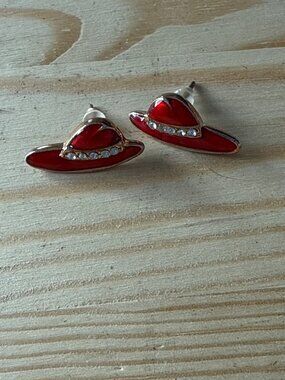 Red Hat Society Enamel Stud Earrings Rhinestones Red Hattitude Coquette Kitsch